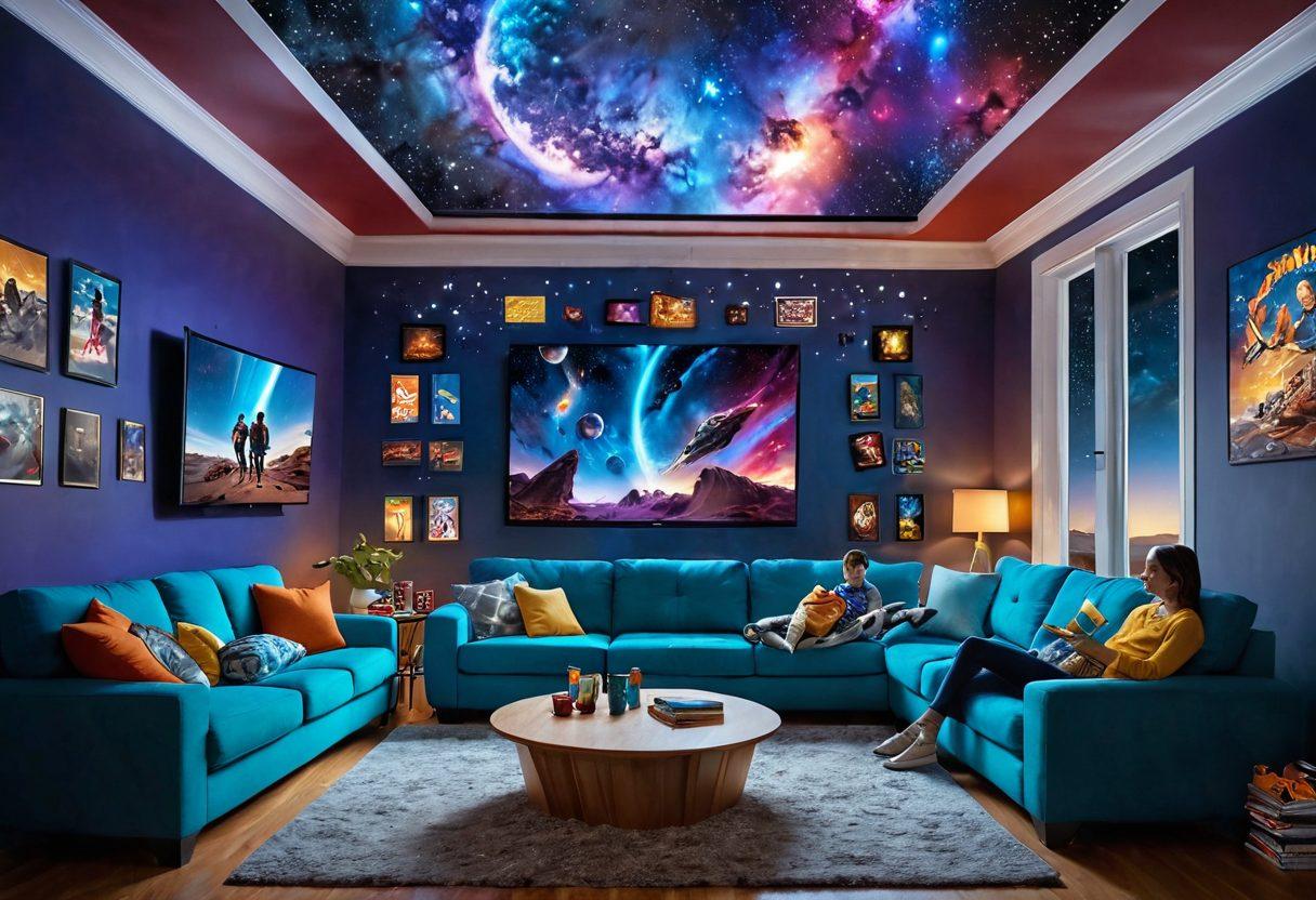 A vibrant, futuristic living room filled with an array of digital screens showcasing various movie posters and TV shows. A family joyfully sitting on a cozy couch, surrounded by snacks, with a surreal galaxy of stars visible through a window, symbolizing the universe of digital entertainment. Bright and engaging colors to create an inviting atmosphere. super-realistic. dynamic lighting.