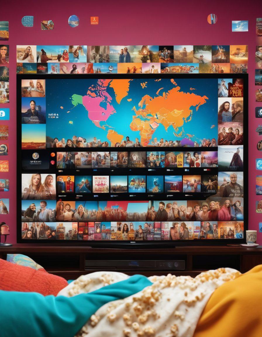 A vibrant collage showcasing a diverse group of friends gathered around a modern TV, streaming various movies and TV series on multiple screens, with colorful icons representing different genres floating above. Include elements like popcorn, cozy blankets, and a digital world map signifying online accessibility. super-realistic. vibrant colors. cozy atmosphere.