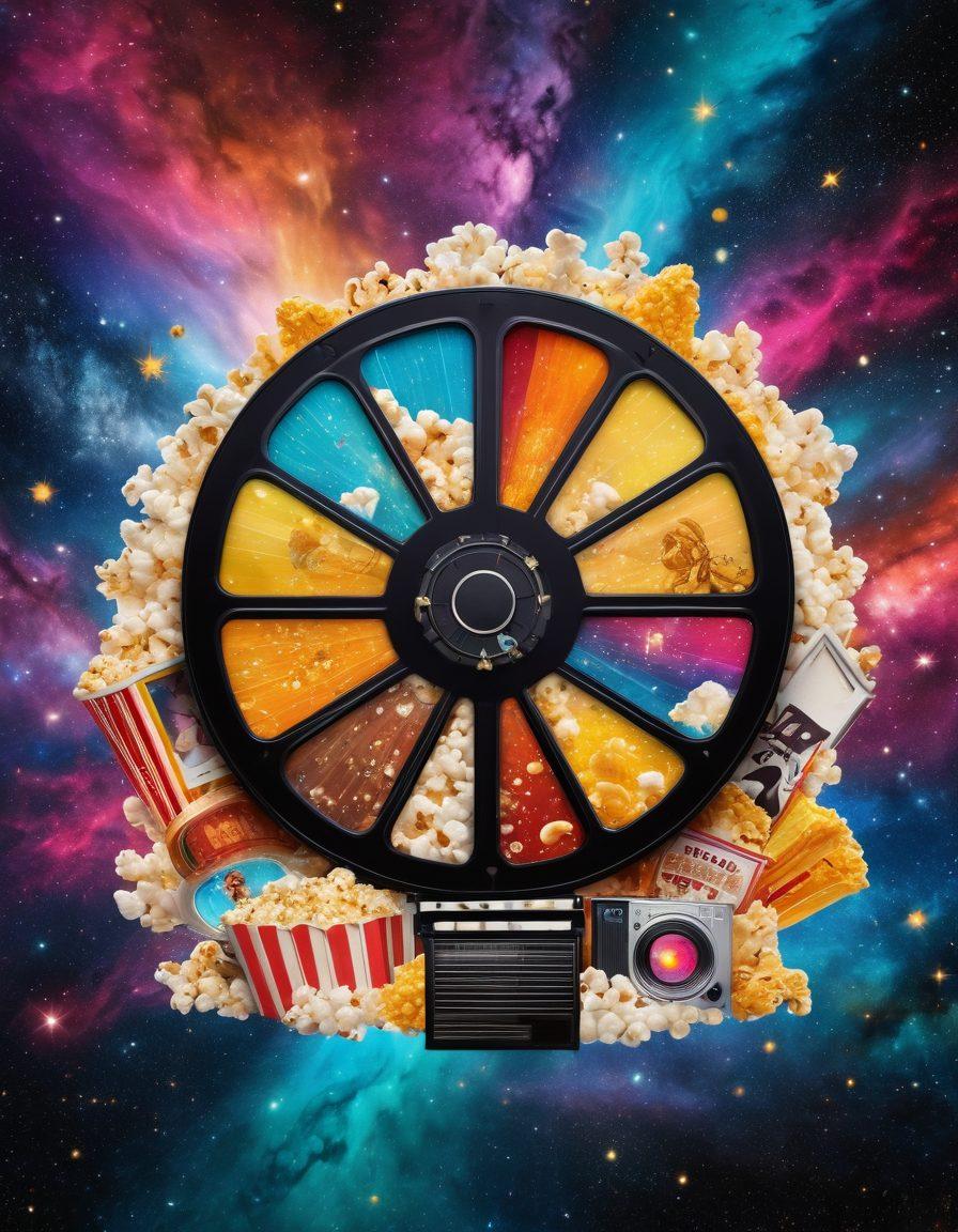 A vibrant and dynamic collage featuring iconic movie and TV show symbols like a film reel, a vintage television, popcorn, and streaming service logos, all seamlessly merging into a cosmic background that signifies endless entertainment possibilities. Include vibrant colors that evoke excitement and curiosity. super-realistic. vibrant colors. cosmic background.